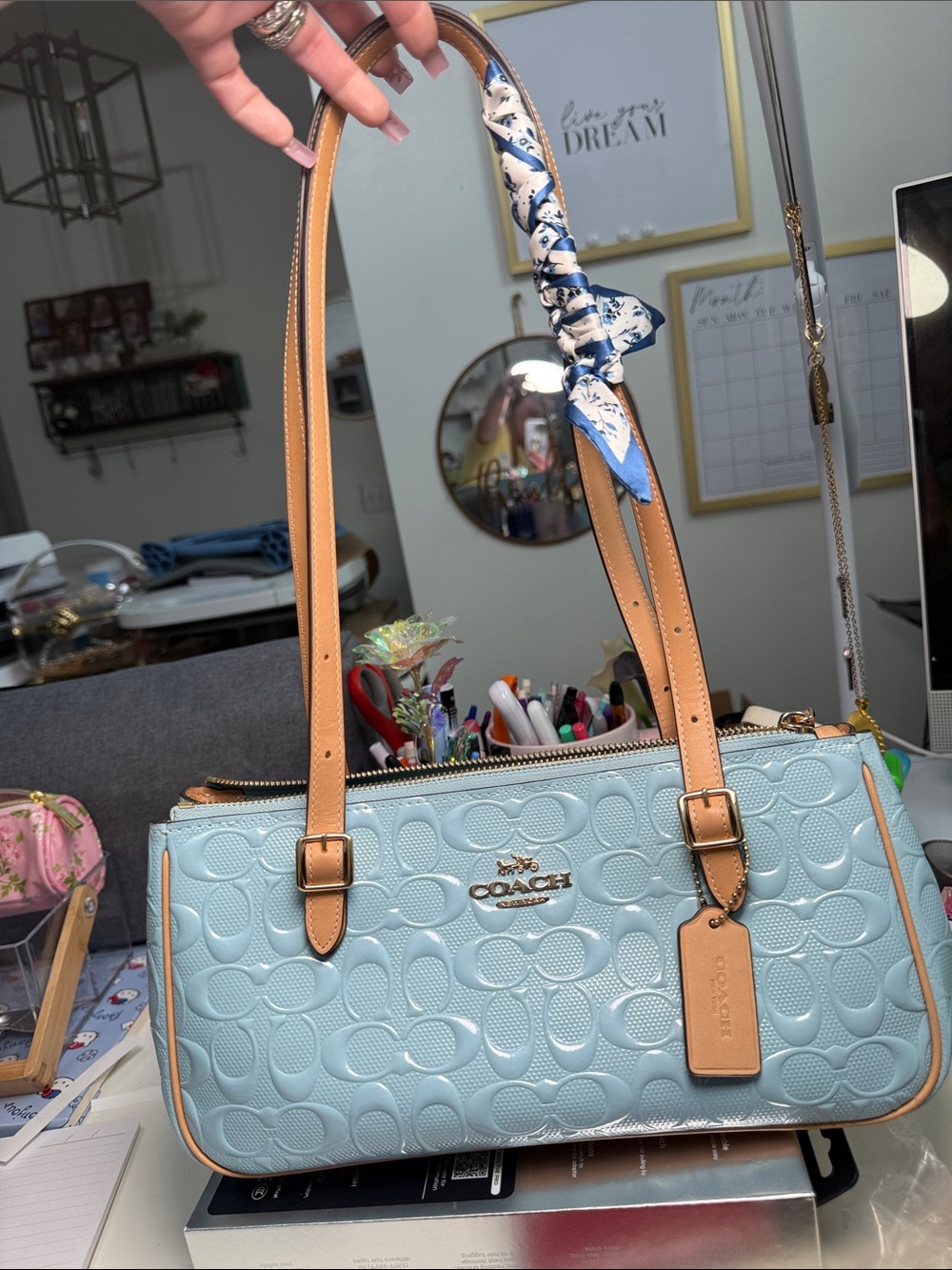 Coach Asher Light Blue Embossed Signature Shoulder Bag with Tan Straps NWT